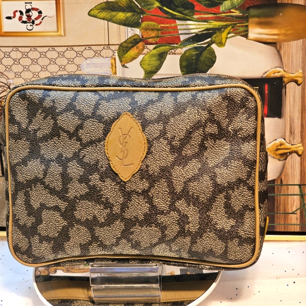 Yves Saint Laurent Black and Tan Clutch with Elegant Logo